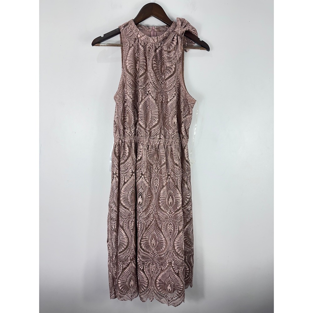 JS Collections Lace Cocktail Dress Womens 8 Latte Pink Embroidered Bow Midi New